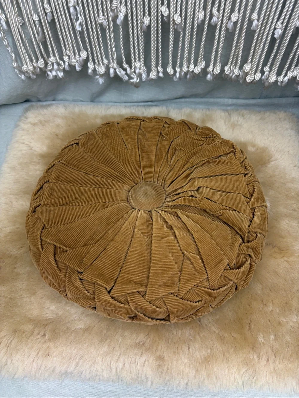 Vintage Round Pleated Corduroy Handmade Pillows - set of two | Tan & Orange
